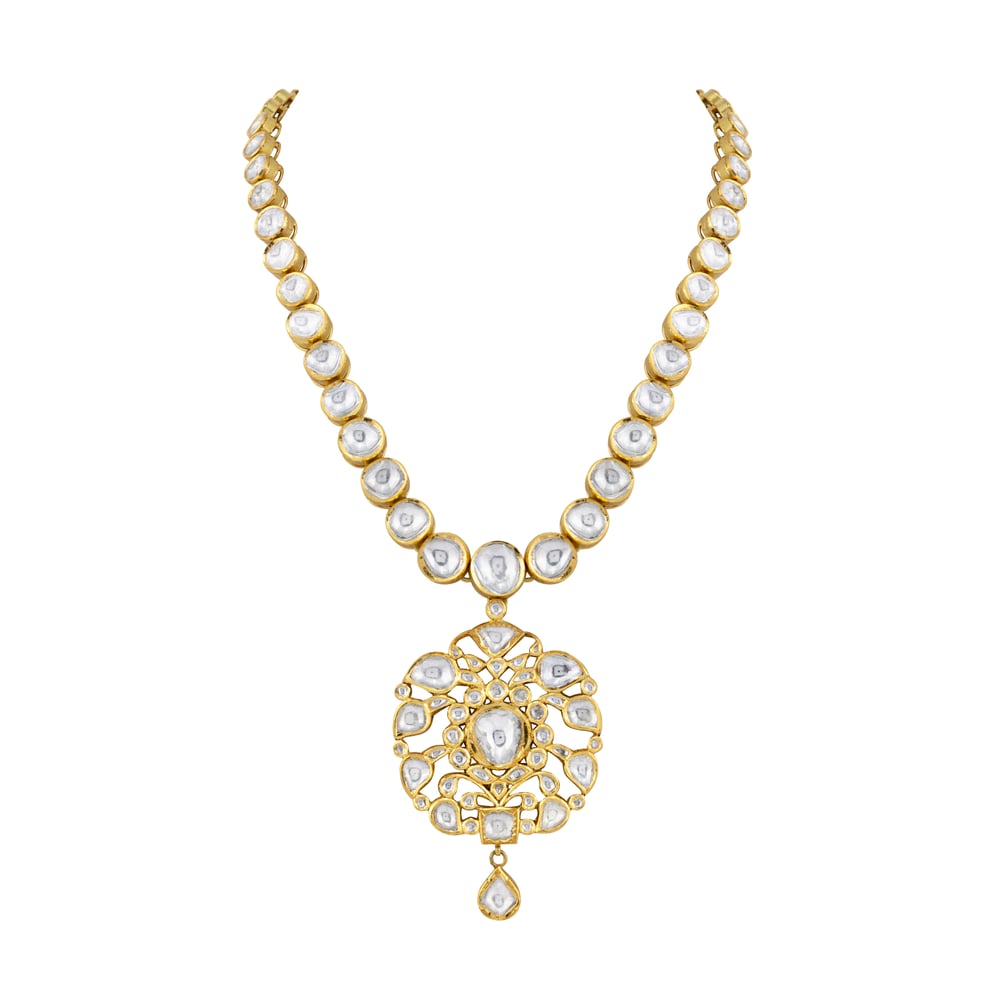 Polki Necklace with Intricate Floral Pendant